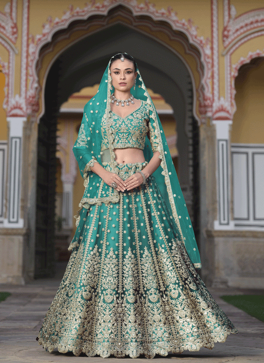 Rama Green Net Embroidered Lehenga Choli