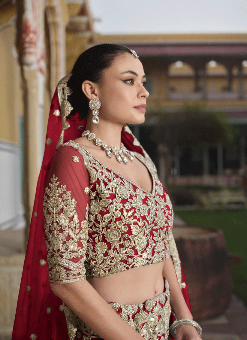 Cherry Red Net Embroidered Lehenga Choli