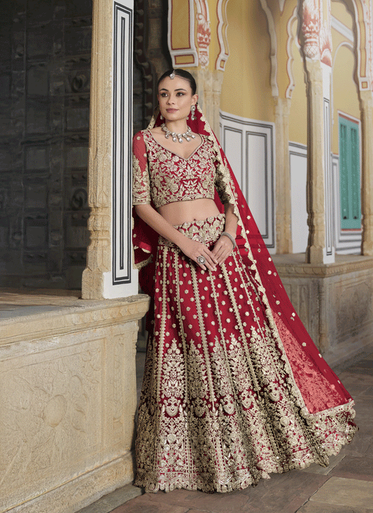 Cherry Red Net Embroidered Lehenga Choli