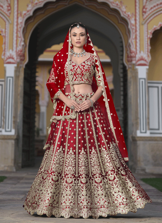 Cherry Red Net Embroidered Lehenga Choli
