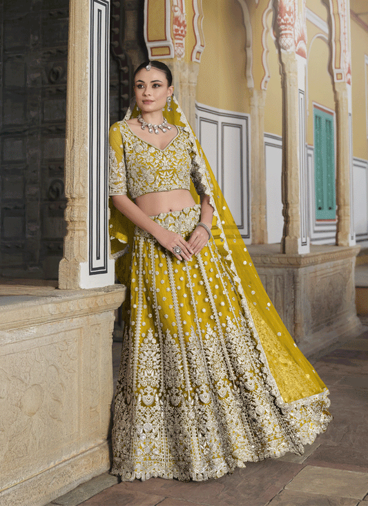 Lemon Yellow Net Embroidered Lehenga Choli