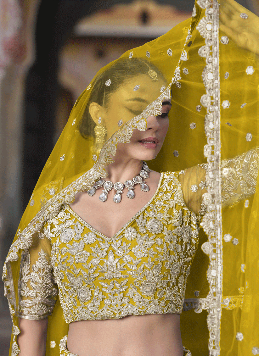 Lemon Yellow Net Embroidered Lehenga Choli