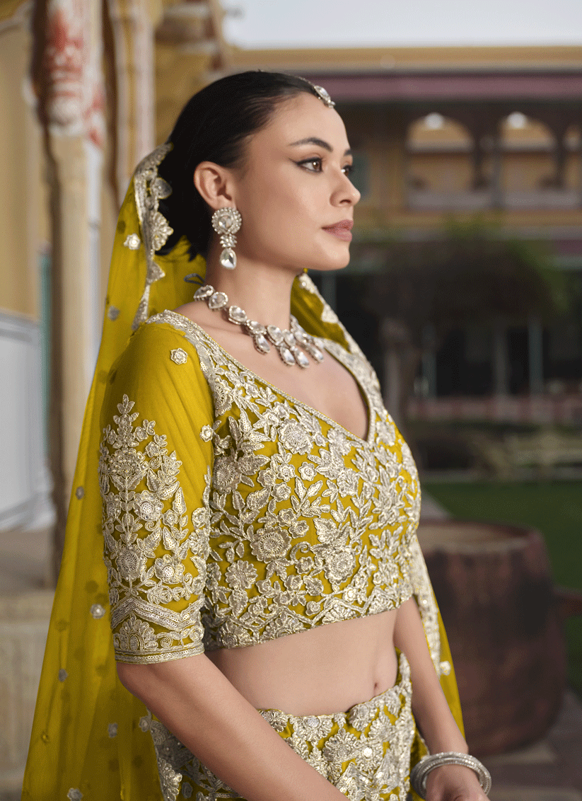 Lemon Yellow Net Embroidered Lehenga Choli