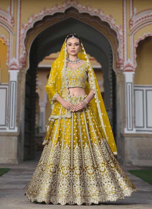 Lemon Yellow Net Embroidered Lehenga Choli