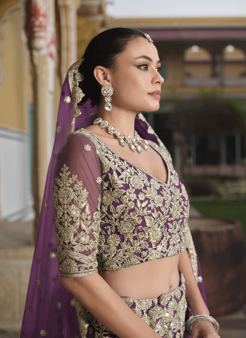 Burgundy Net Embroidered Lehenga Choli