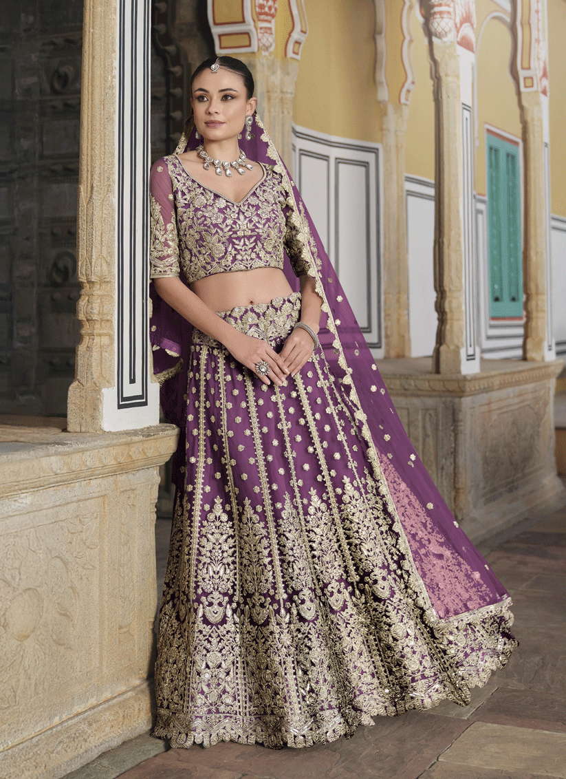 Burgundy Net Embroidered Lehenga Choli
