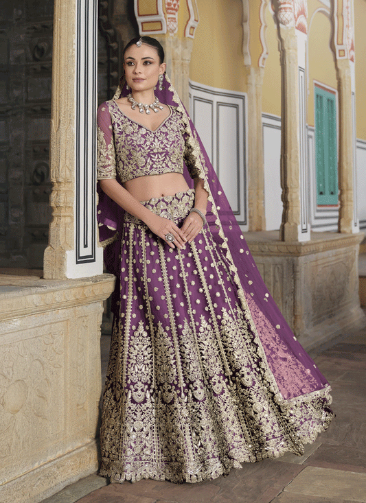 Burgundy Net Embroidered Lehenga Choli