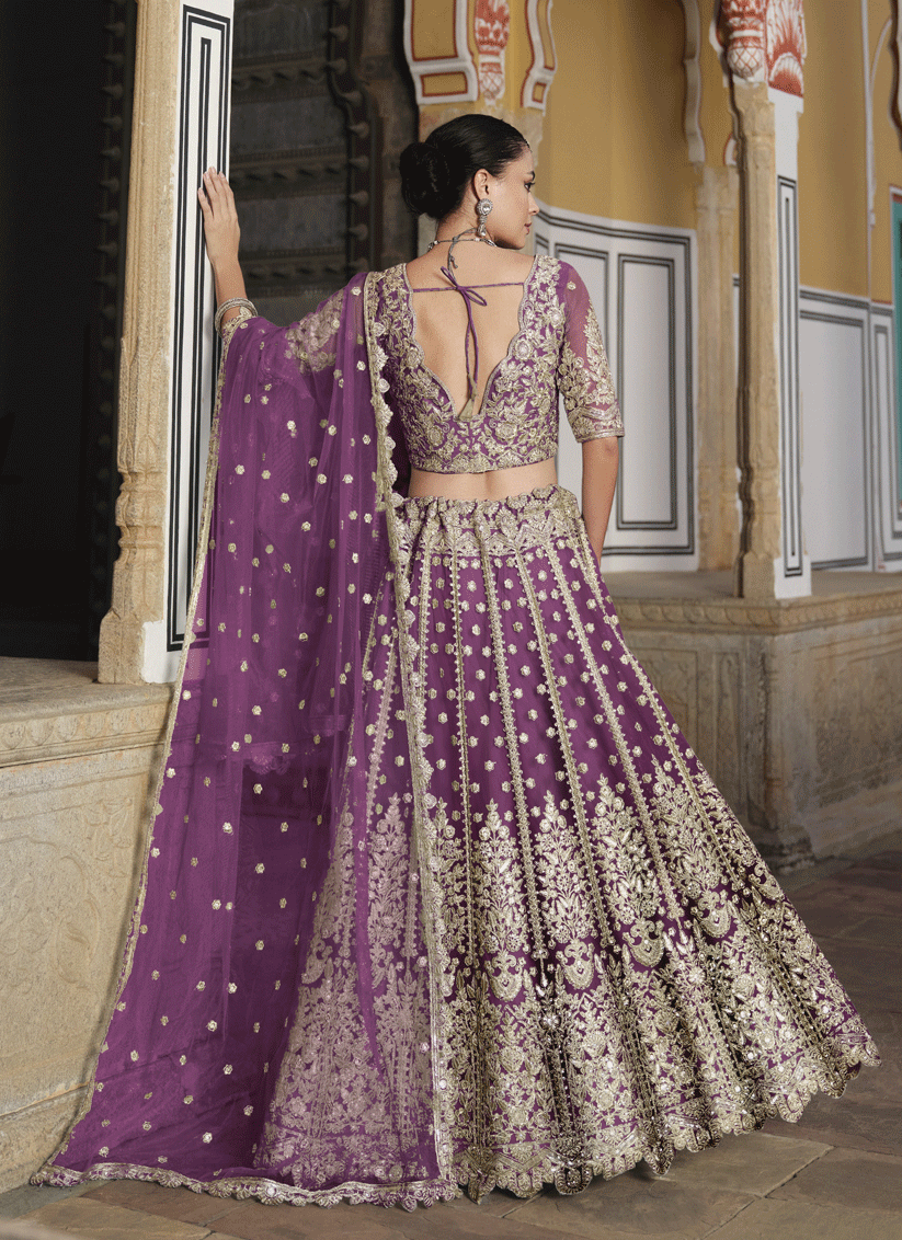 Burgundy Net Embroidered Lehenga Choli
