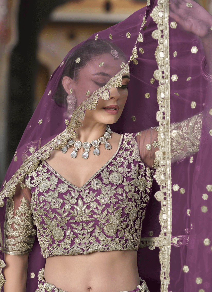 Burgundy Net Embroidered Lehenga Choli