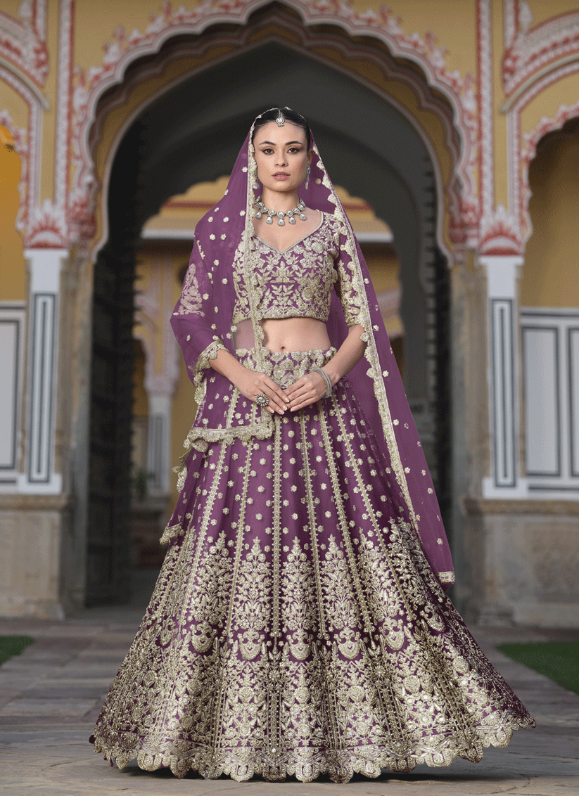 Burgundy Net Embroidered Lehenga Choli