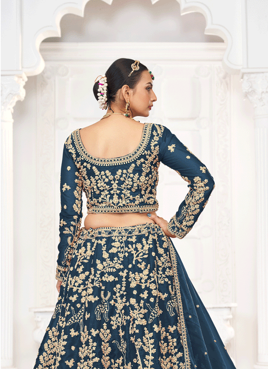 Prussian Blue Tissue Organza Embroidered Designer Lehenga Set Choli