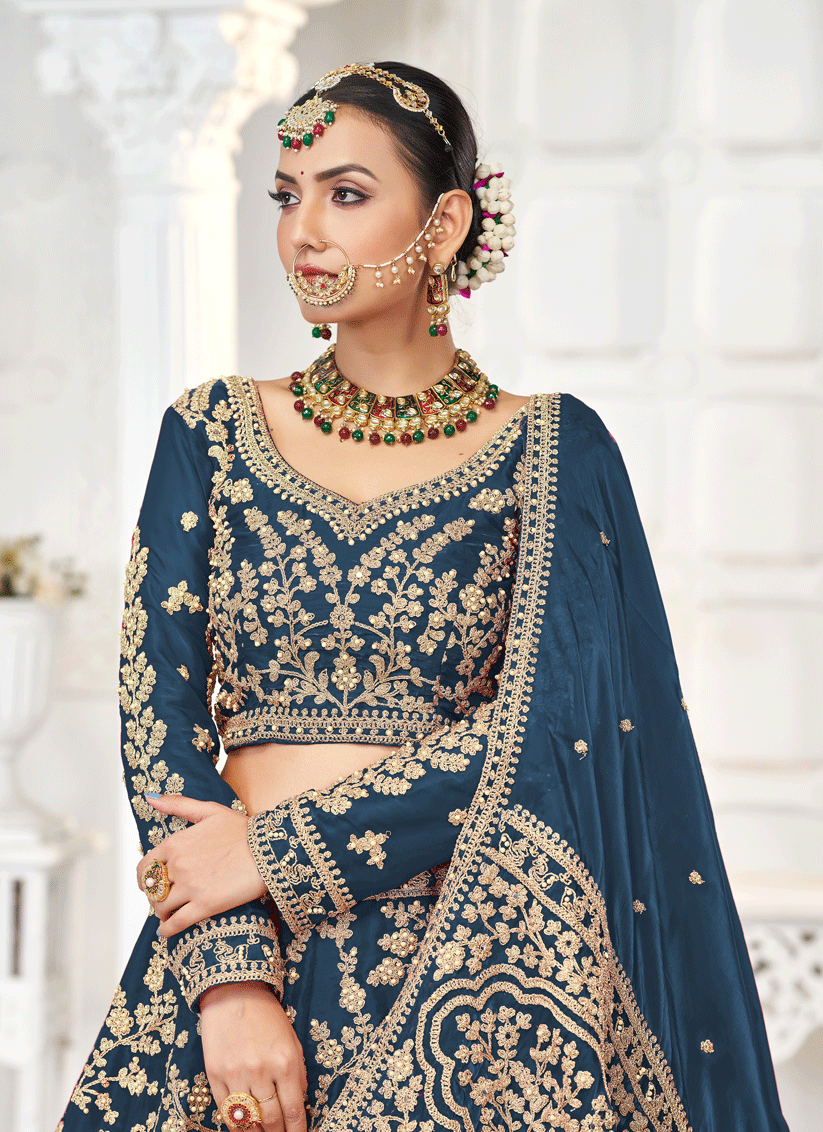 Prussian Blue Tissue Organza Embroidered Designer Lehenga Set Choli