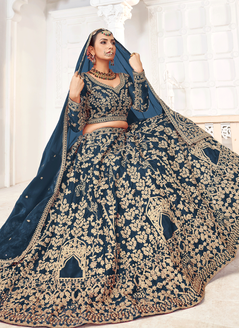 Prussian Blue Tissue Organza Embroidered Designer Lehenga Set Choli