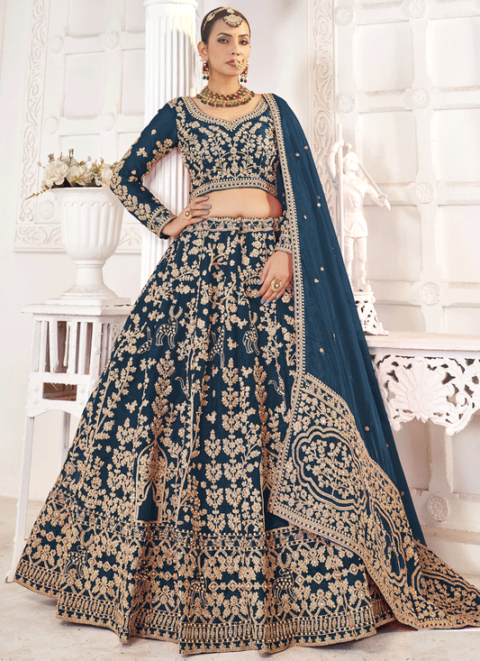 Prussian Blue Tissue Organza Embroidered Designer Lehenga Set Choli