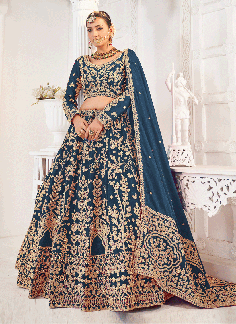 Prussian Blue Tissue Organza Embroidered Designer Lehenga Set Choli