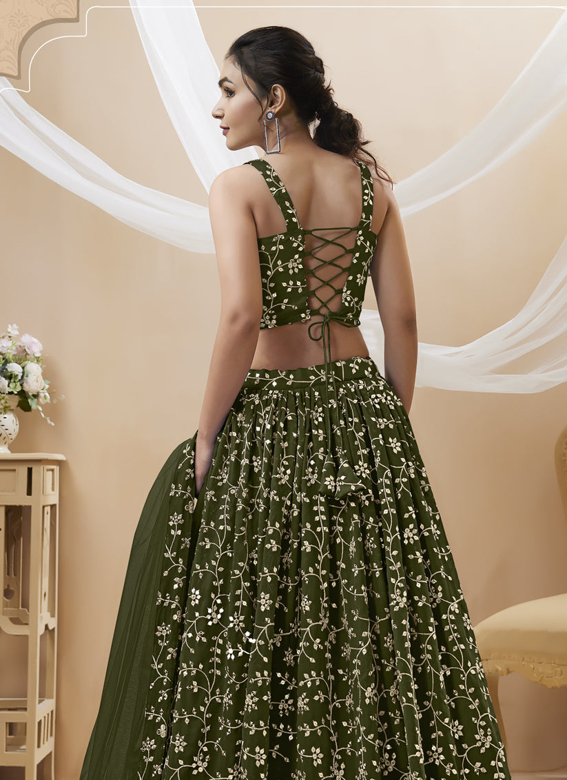 Mehendi Green Georgette Embroidered Wedding Lehenga Choli