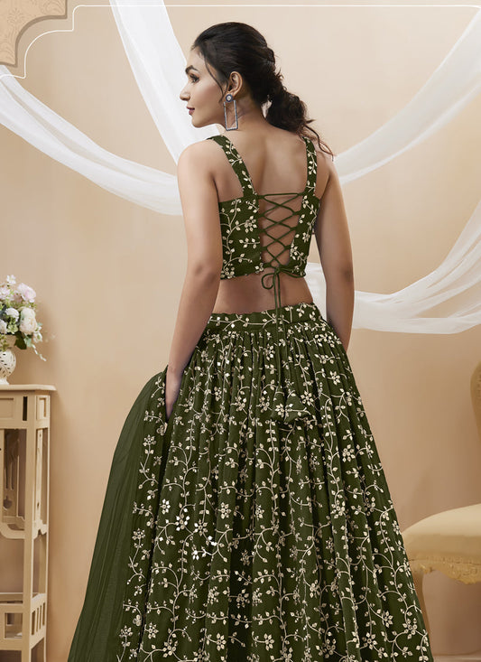 Mehendi Green Georgette Embroidered Wedding Lehenga Choli