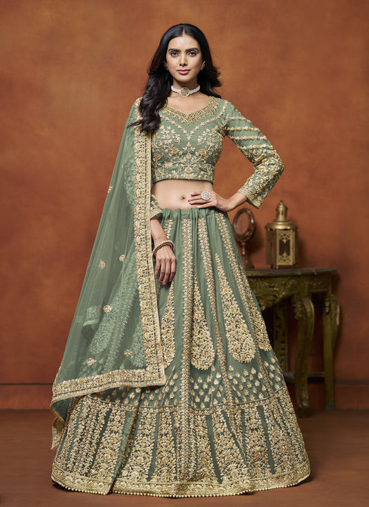 sage green net embroidered lehenga choli for wedding