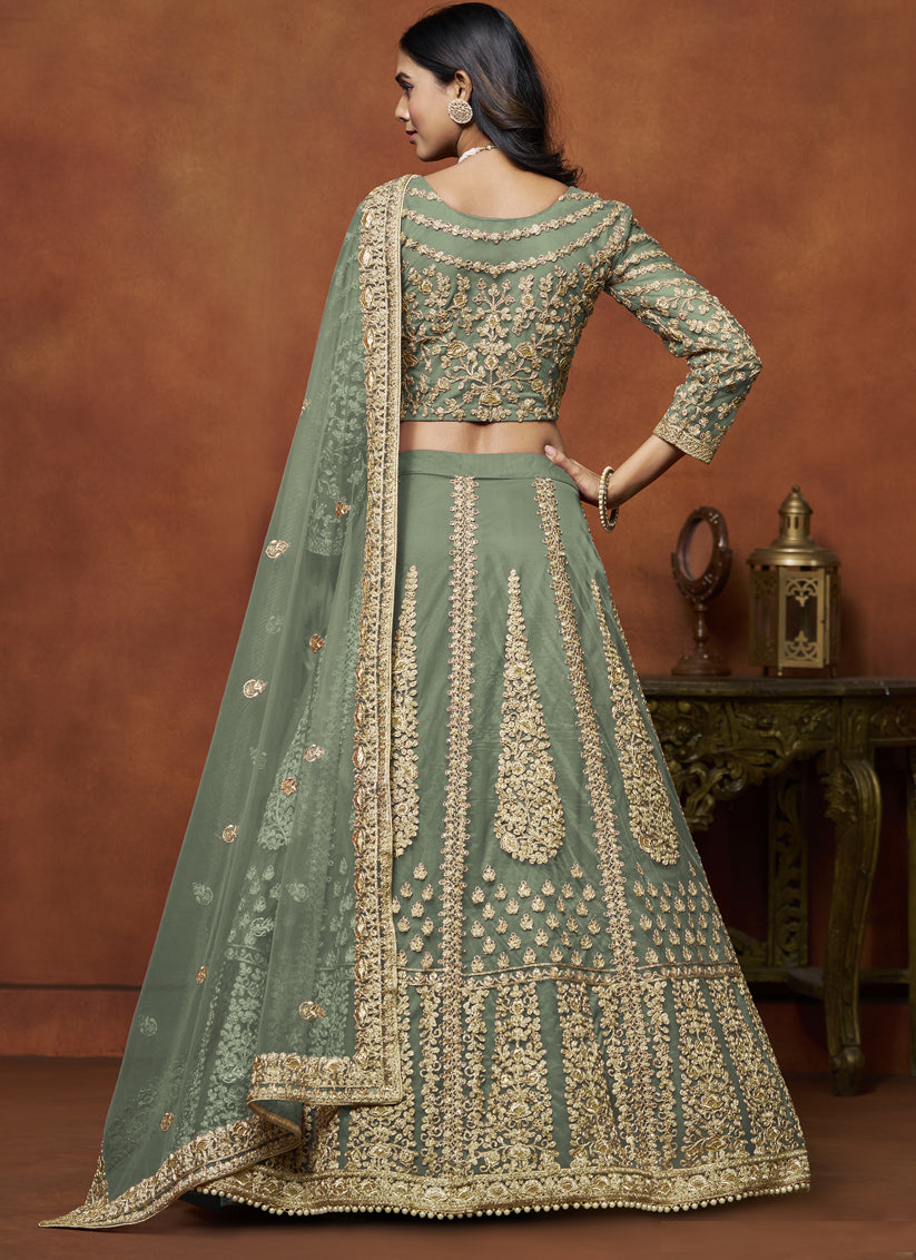 sage green net embroidered lehenga choli for wedding