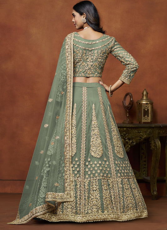 sage green net embroidered lehenga choli for wedding