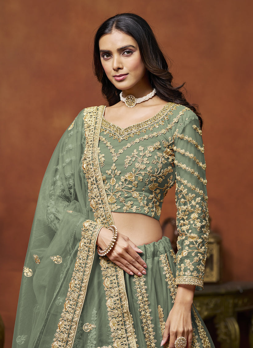 sage green net embroidered lehenga choli for wedding