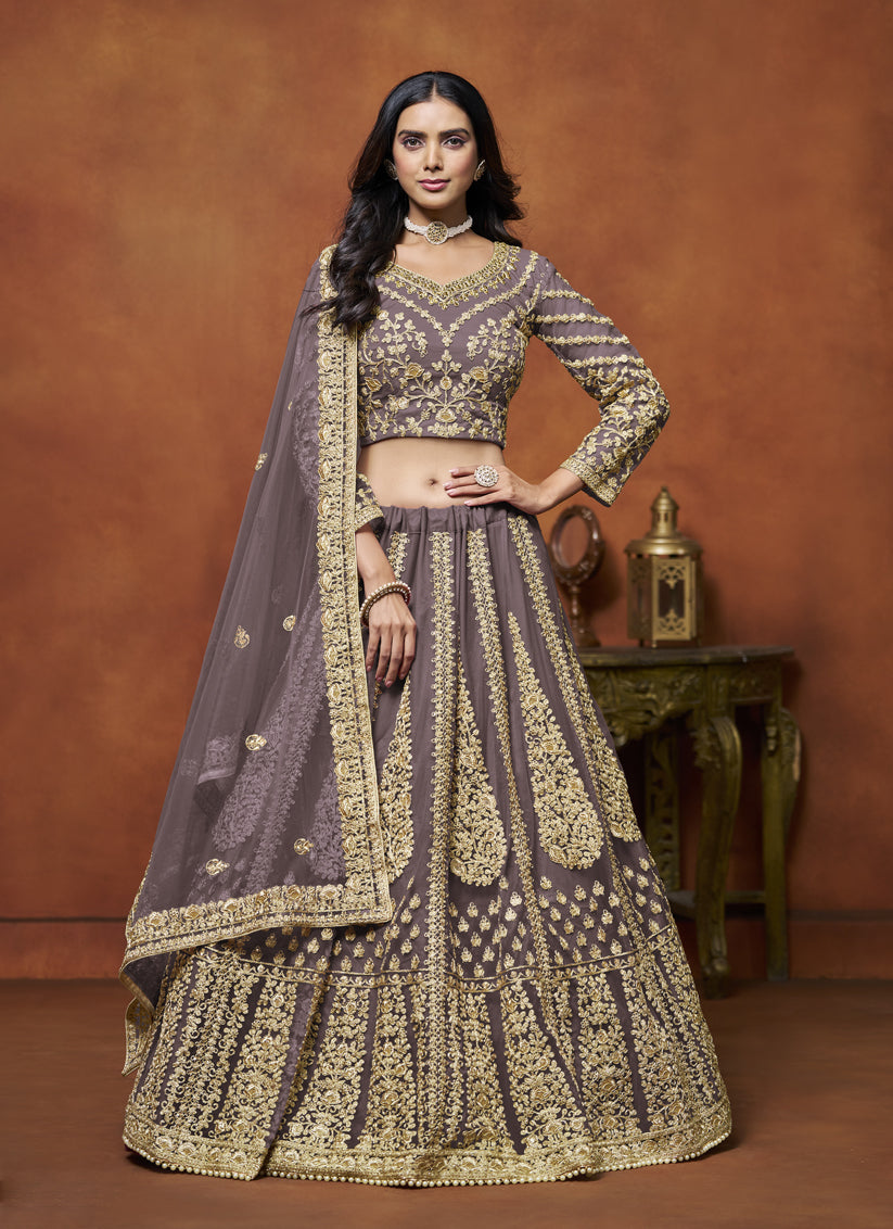 dusty grey net embroidered lehenga choli for wedding