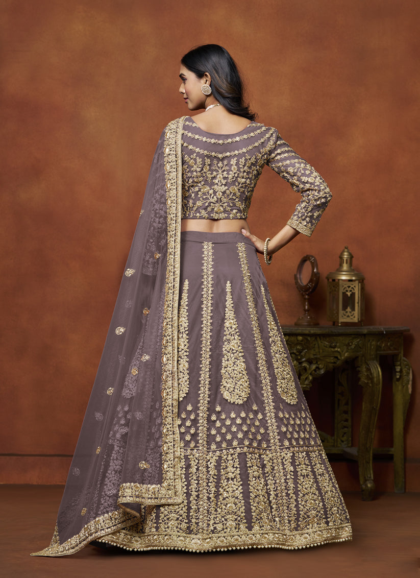 dusty grey net embroidered lehenga choli for wedding