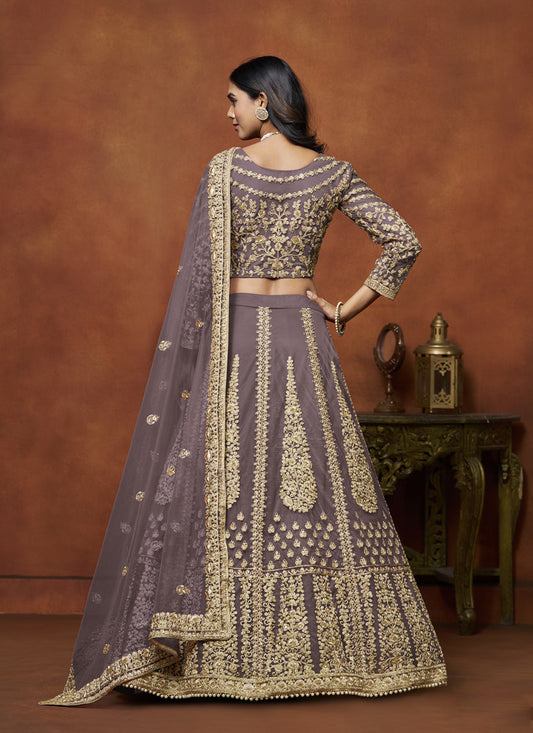 dusty grey net embroidered lehenga choli for wedding