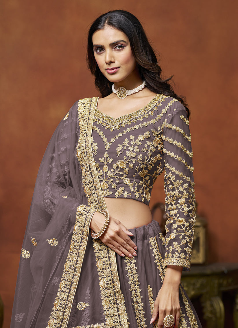 dusty grey net embroidered lehenga choli for wedding