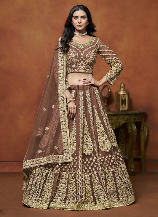 snuff brown net embroidered lehenga choli for wedding