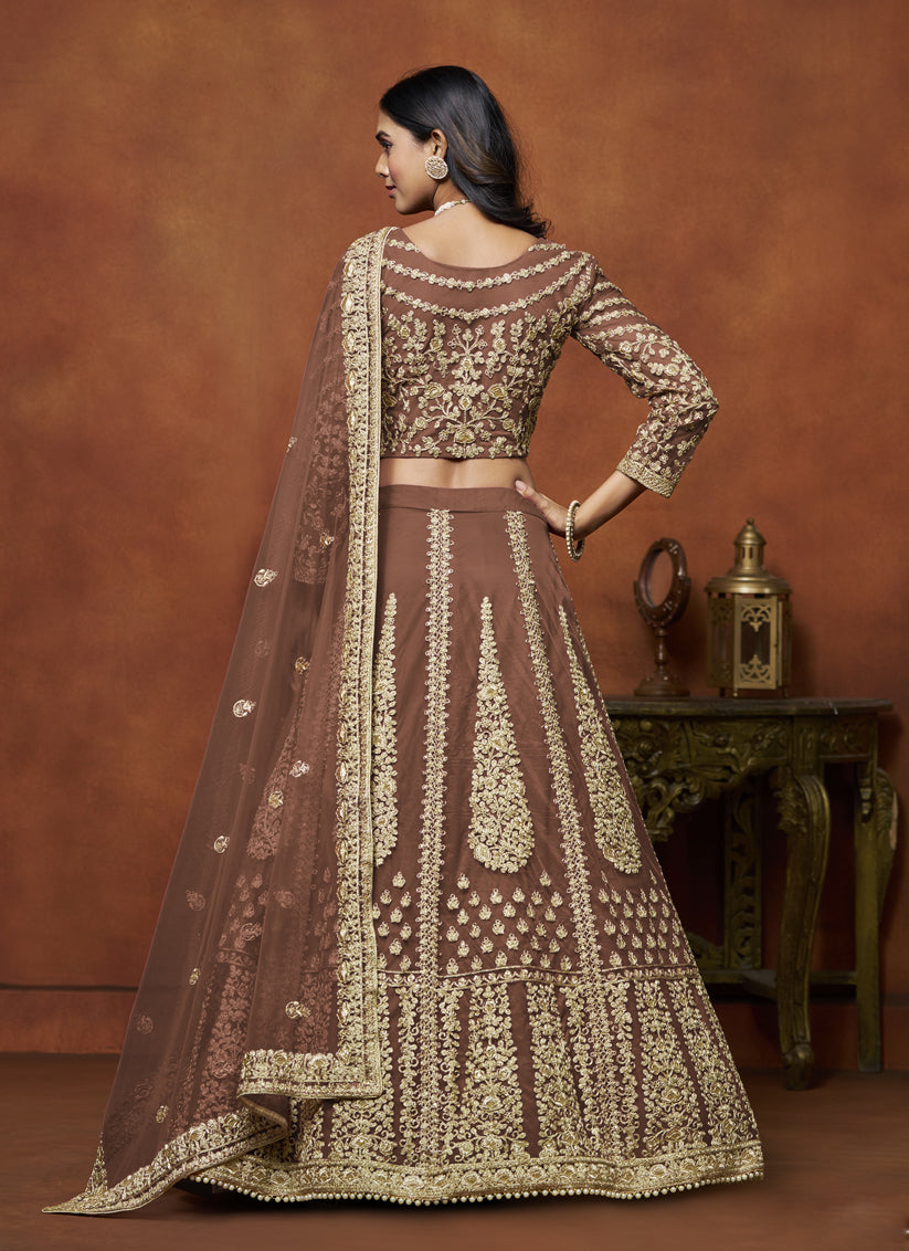 snuff brown net embroidered lehenga choli for wedding