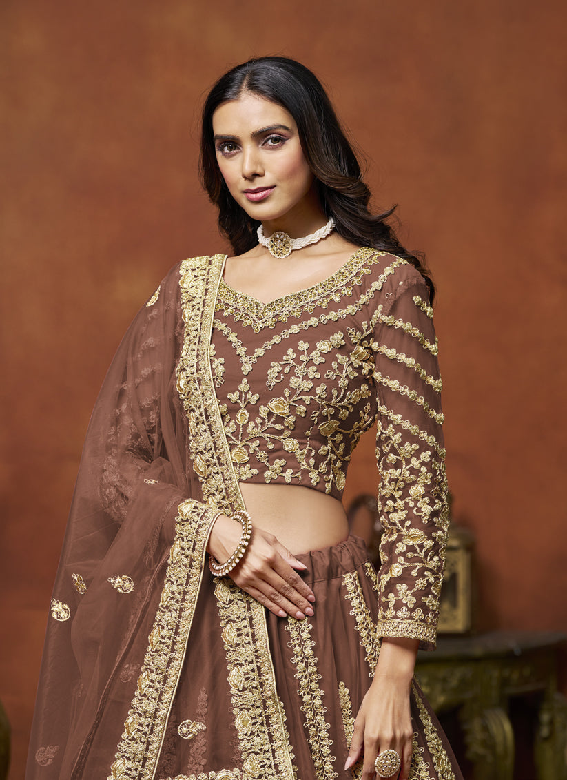 snuff brown net embroidered lehenga choli for wedding