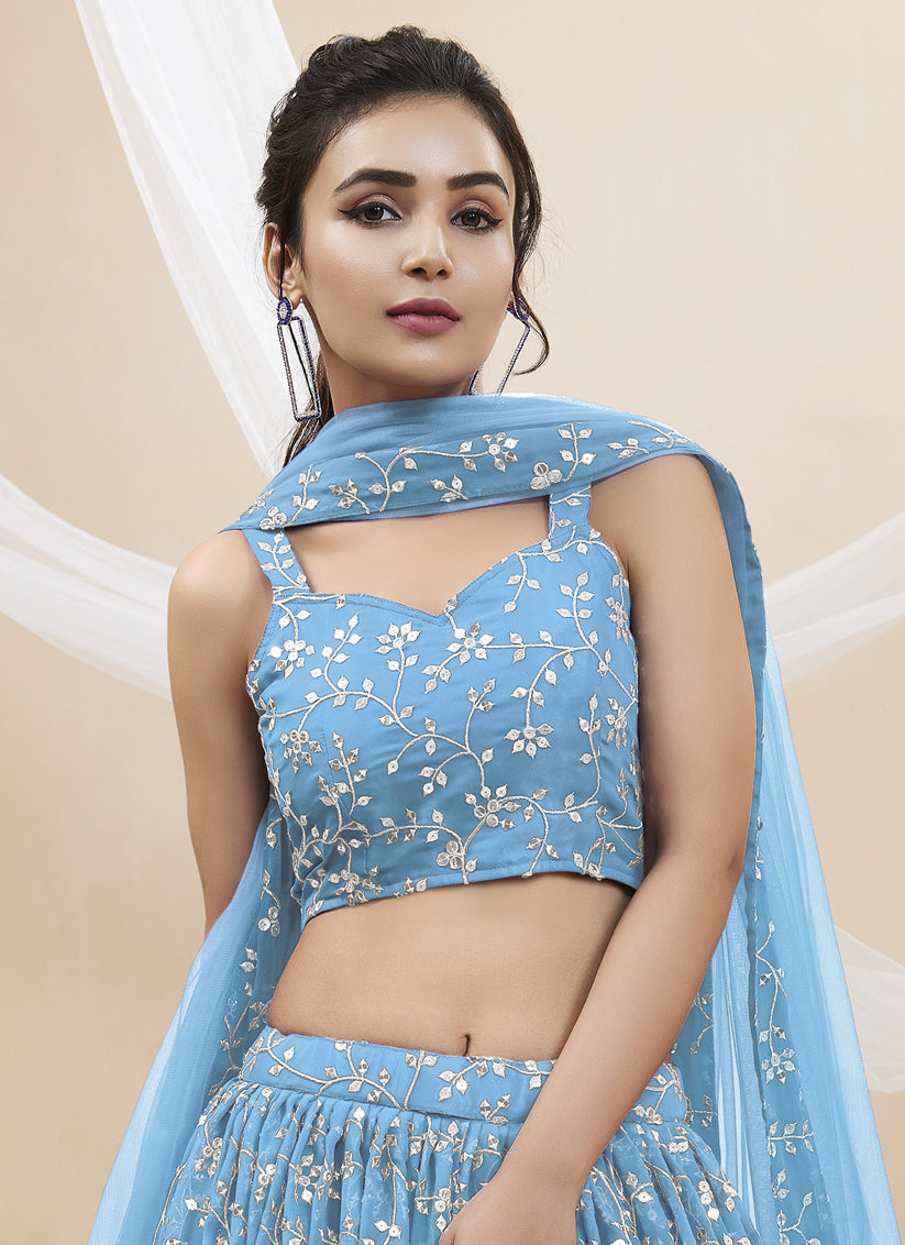 Sky Blue Georgette Embroidered Wedding Lehenga Choli