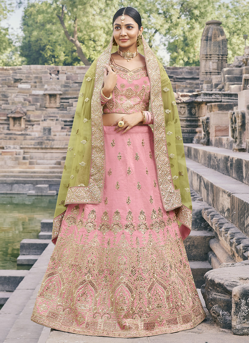 Pink Silk Embroidered Wedding Lehenga Choli