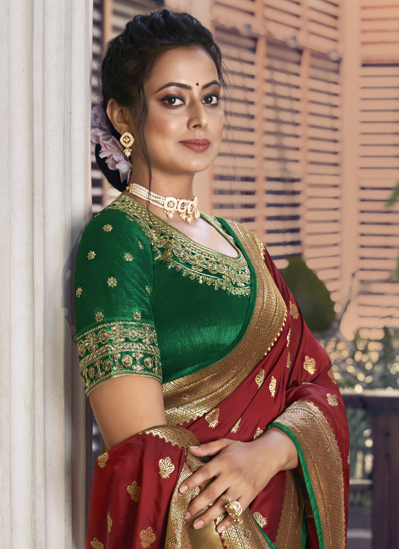 Maroon Silk Paithani Pallu and Swarovski Work Saree with Double Blouse