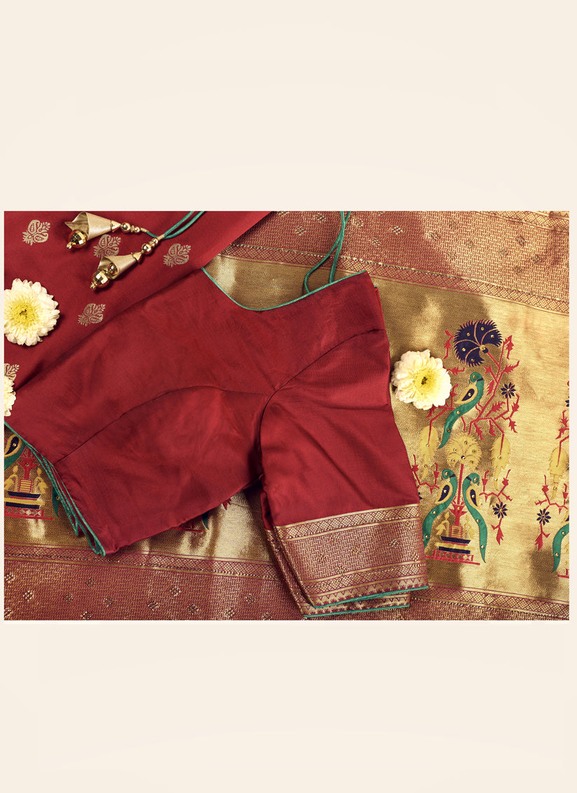 Maroon Silk Paithani Pallu and Swarovski Work Saree with Double Blouse