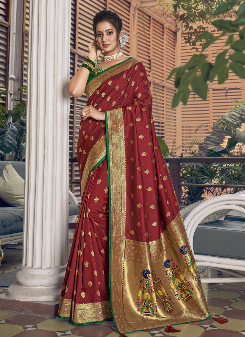 Maroon Silk Paithani Pallu and Swarovski Work Saree with Double Blouse
