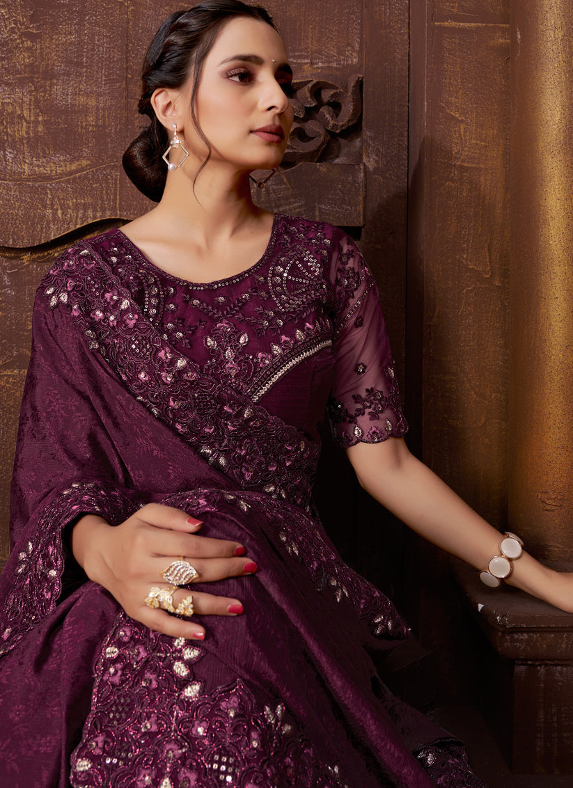 Burgundy Satin Silk Embroidered Designer Saree