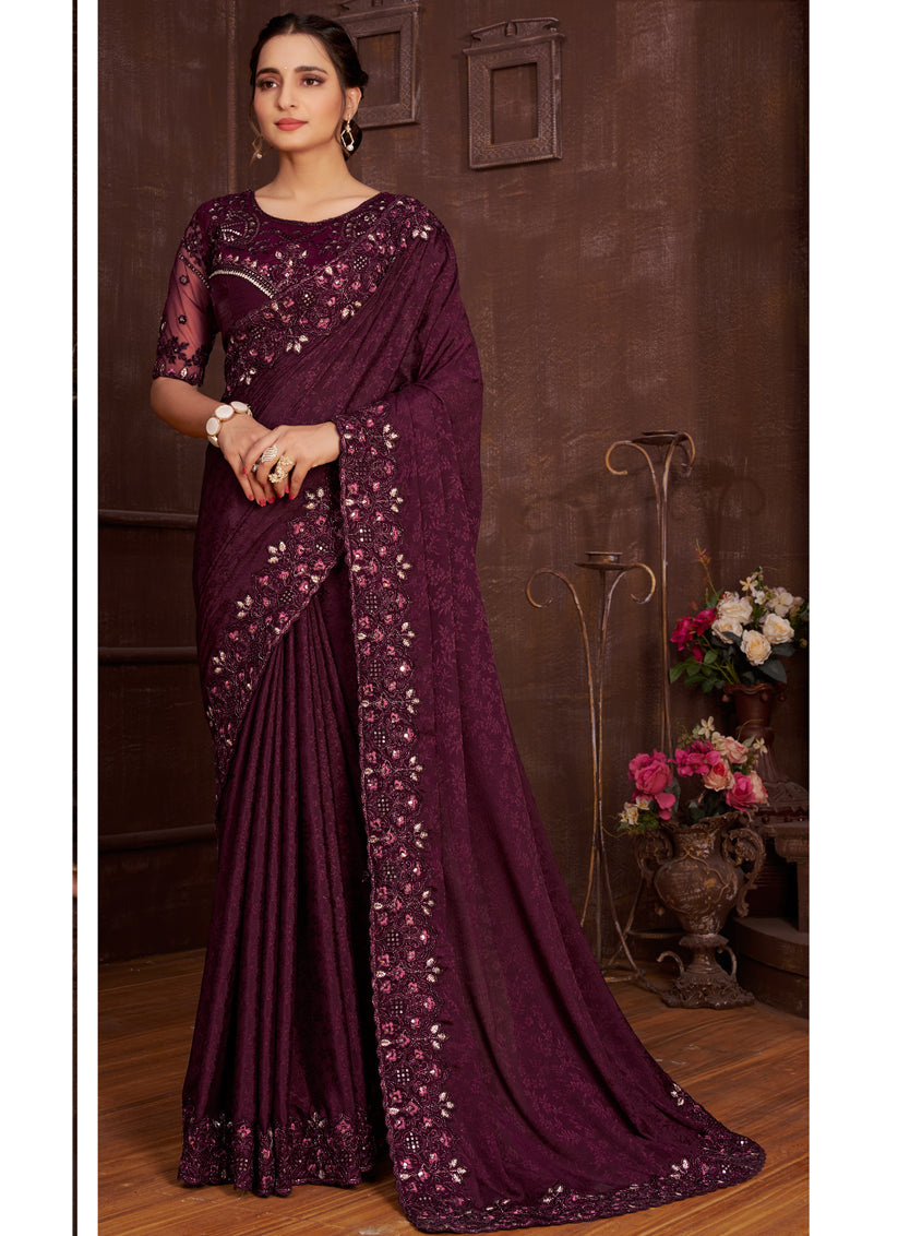 Burgundy Satin Silk Embroidered Designer Saree