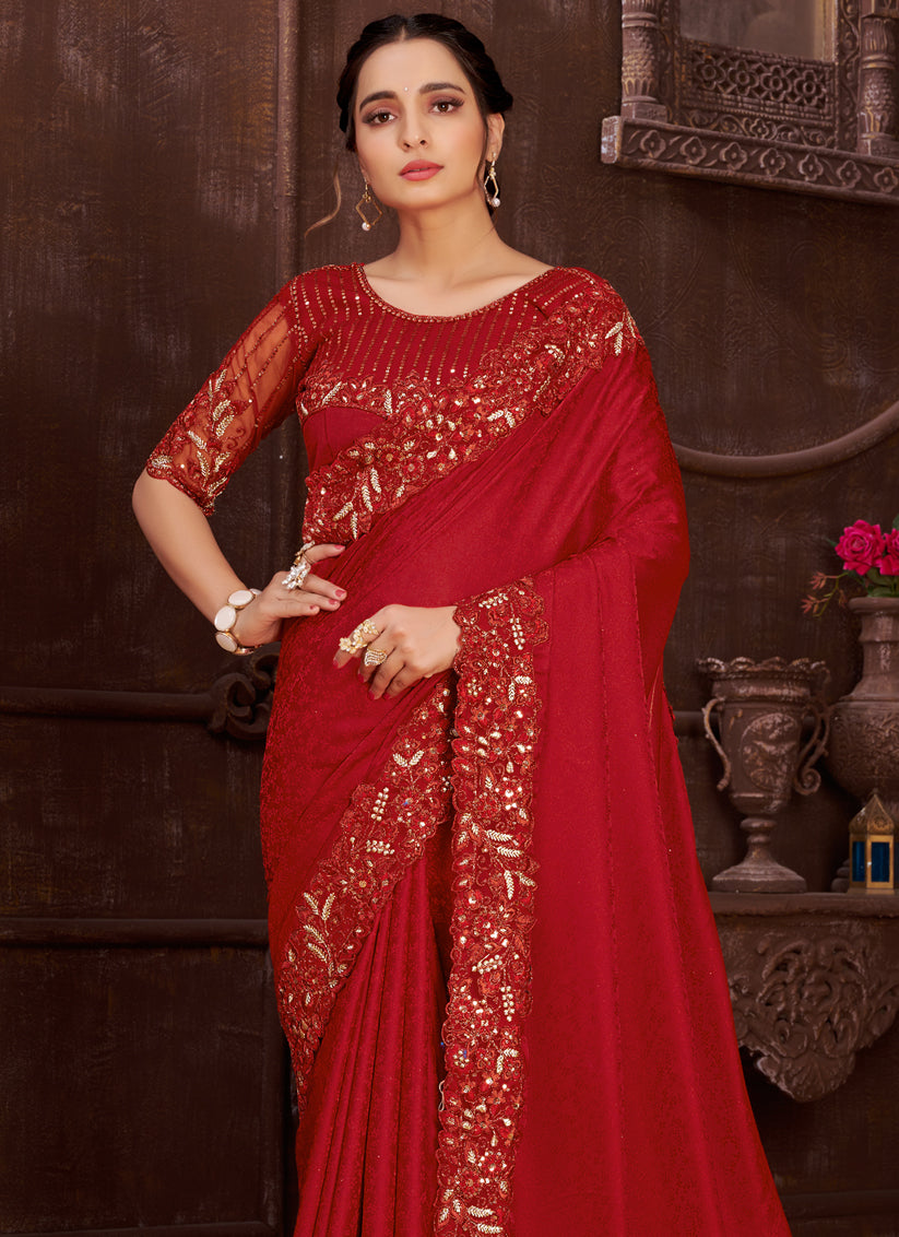 Maroon Satin Silk Embroidered Designer Saree