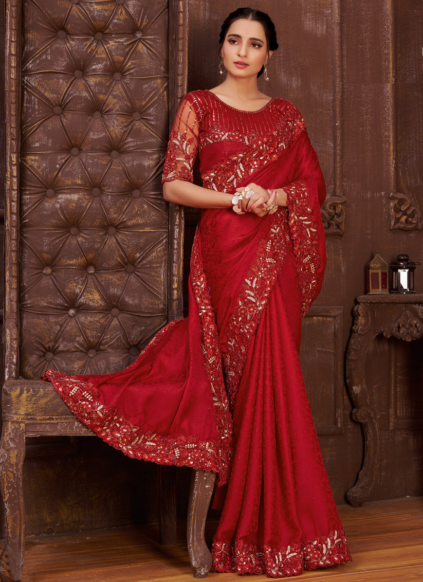 Maroon Satin Silk Embroidered Designer Saree