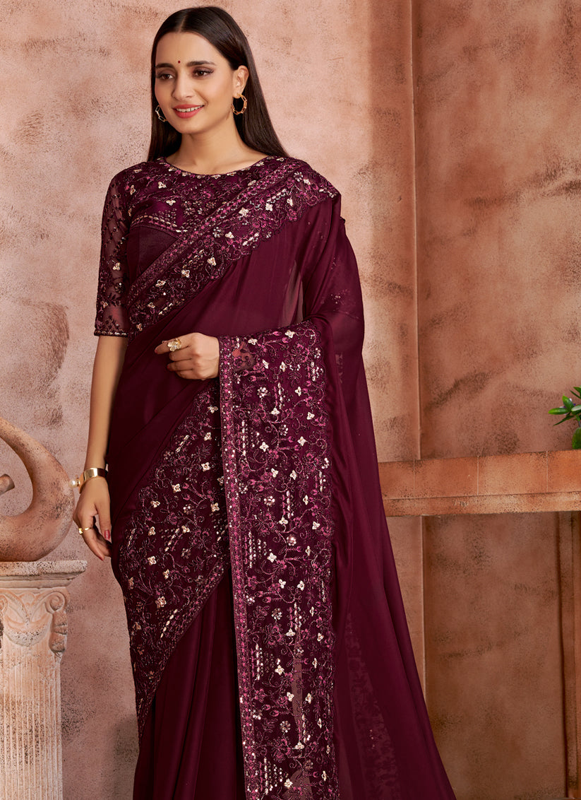 Burgundy Satin Silk Embroidered Designer Saree