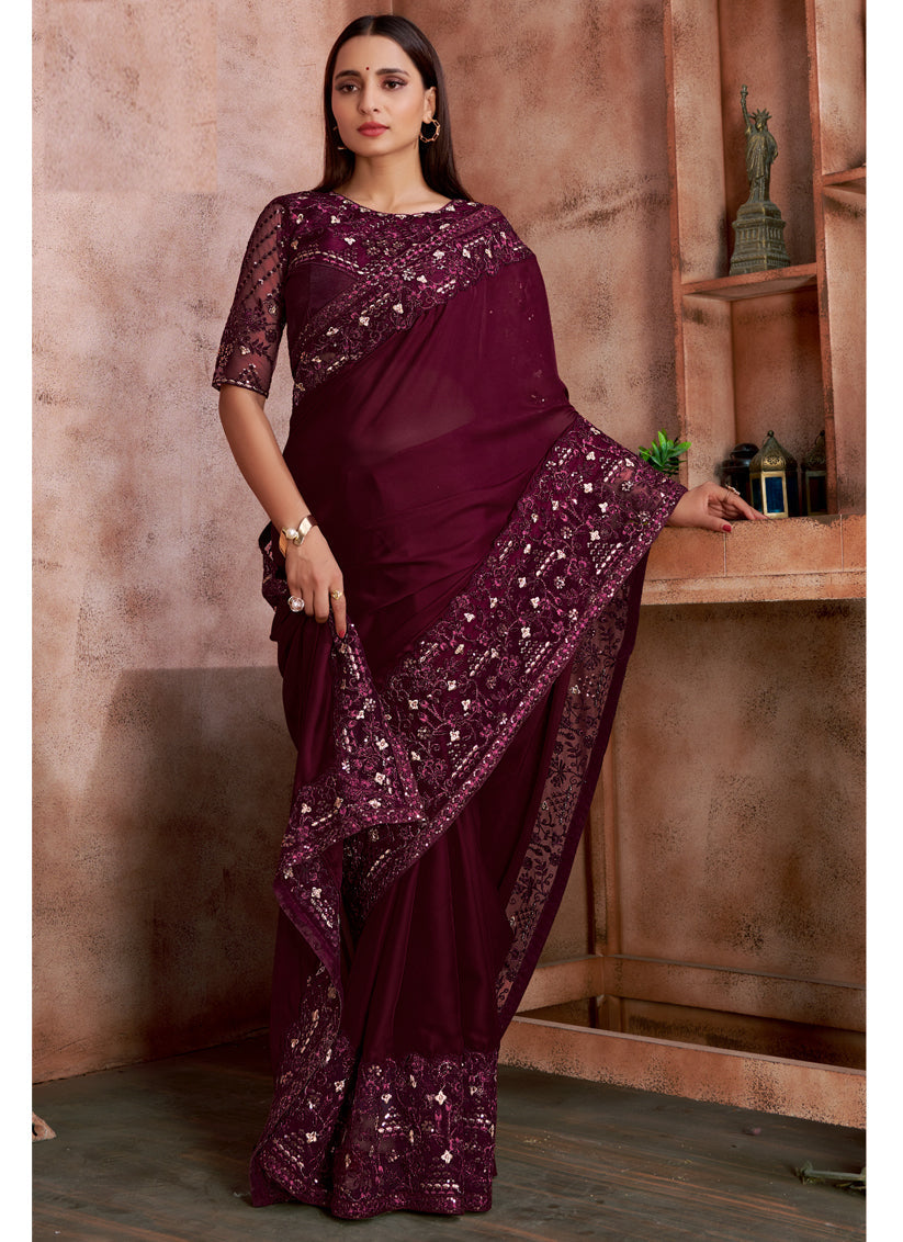 Burgundy Satin Silk Embroidered Designer Saree