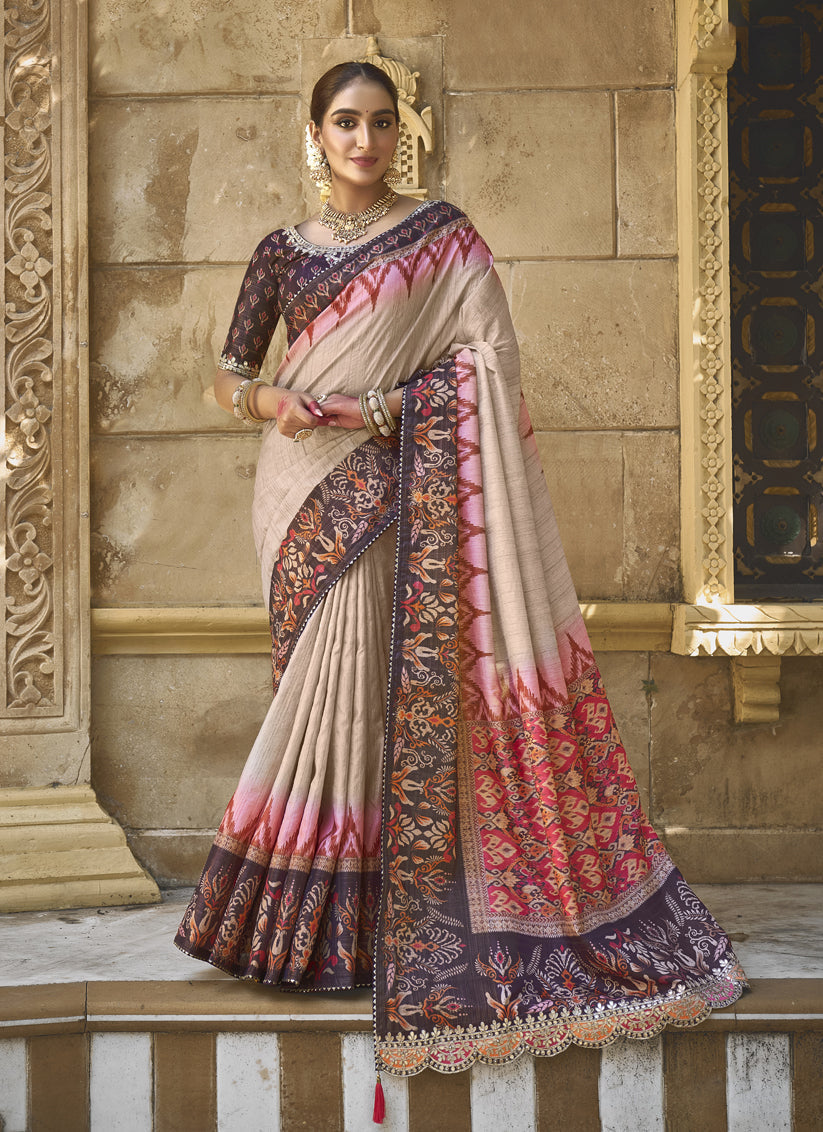 Beige Bhagalpuri Silk Designer Saree for Wedding