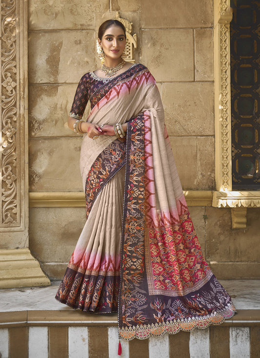 Beige Bhagalpuri Silk Designer Saree for Wedding