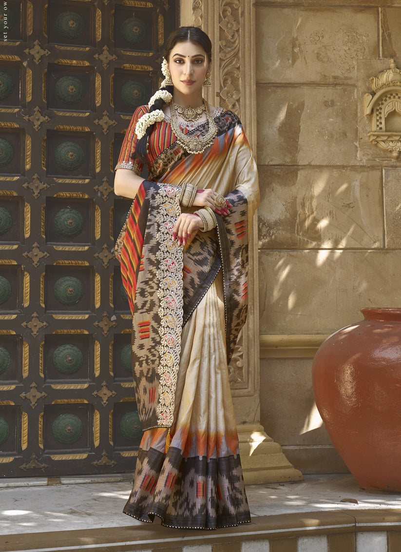 Beige Bhagalpuri Silk Designer Saree for Wedding