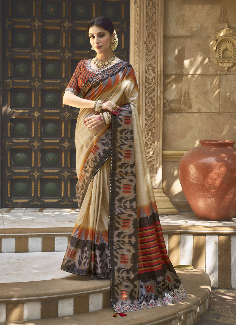Beige Bhagalpuri Silk Designer Saree for Wedding