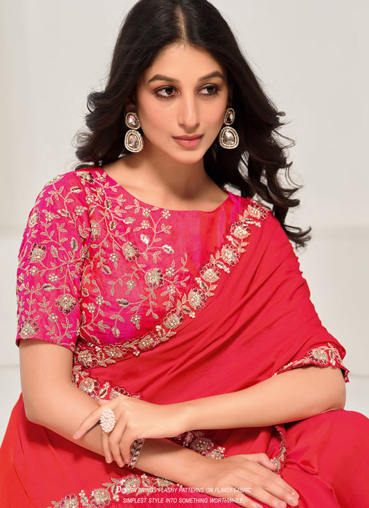 Tomato Red Embroidered Designer Saree