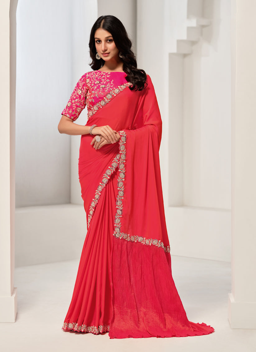 Tomato Red Embroidered Designer Saree