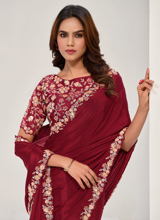 Maroon Embroidered Designer Saree